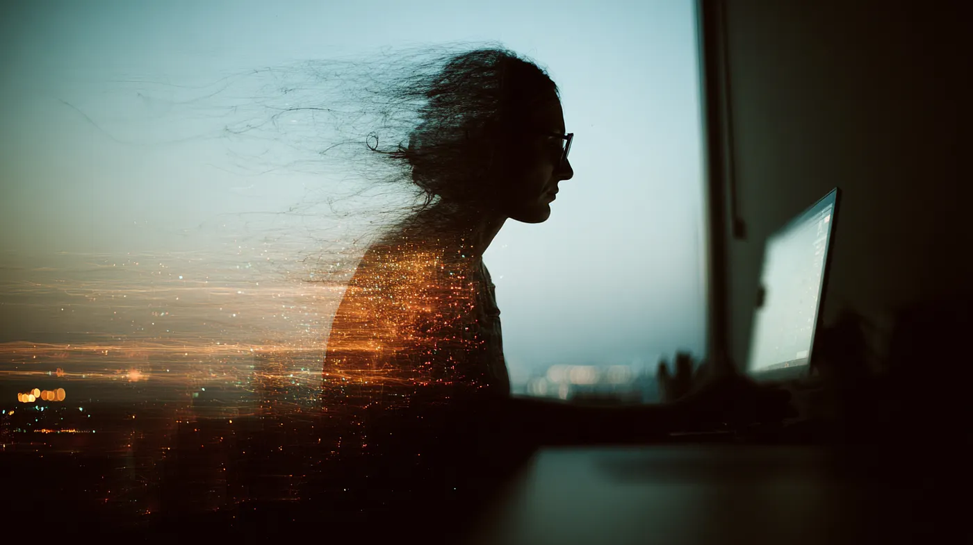 Silhouette of office worker at computer, half human form, half dissolving into streams of light and data