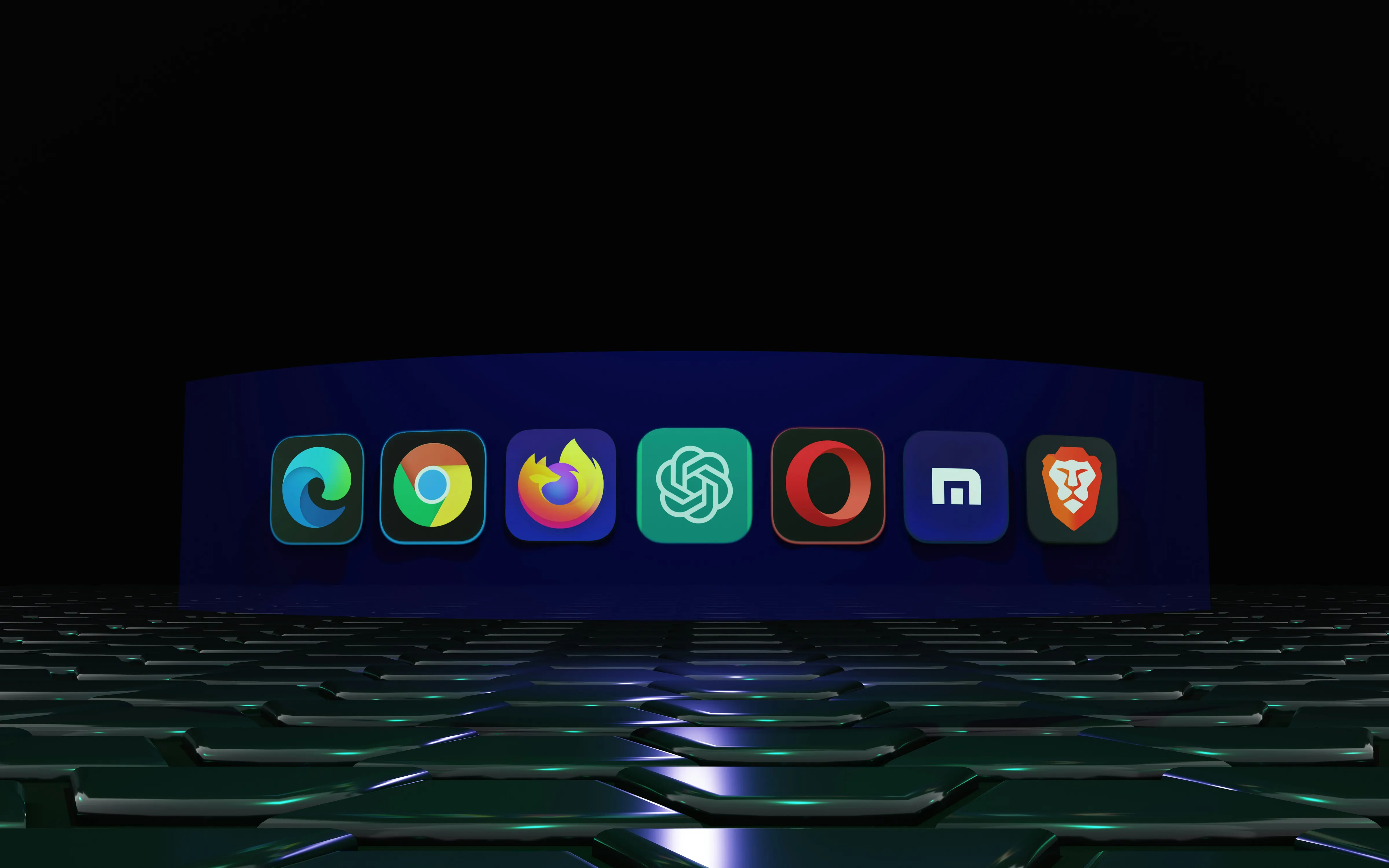 A row of browser logos hovering over a floor of squares